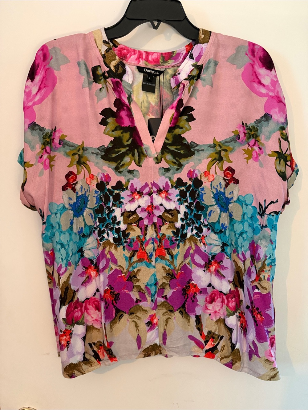 Desigual Pink Multicolor Floral Split-Neck Blouse